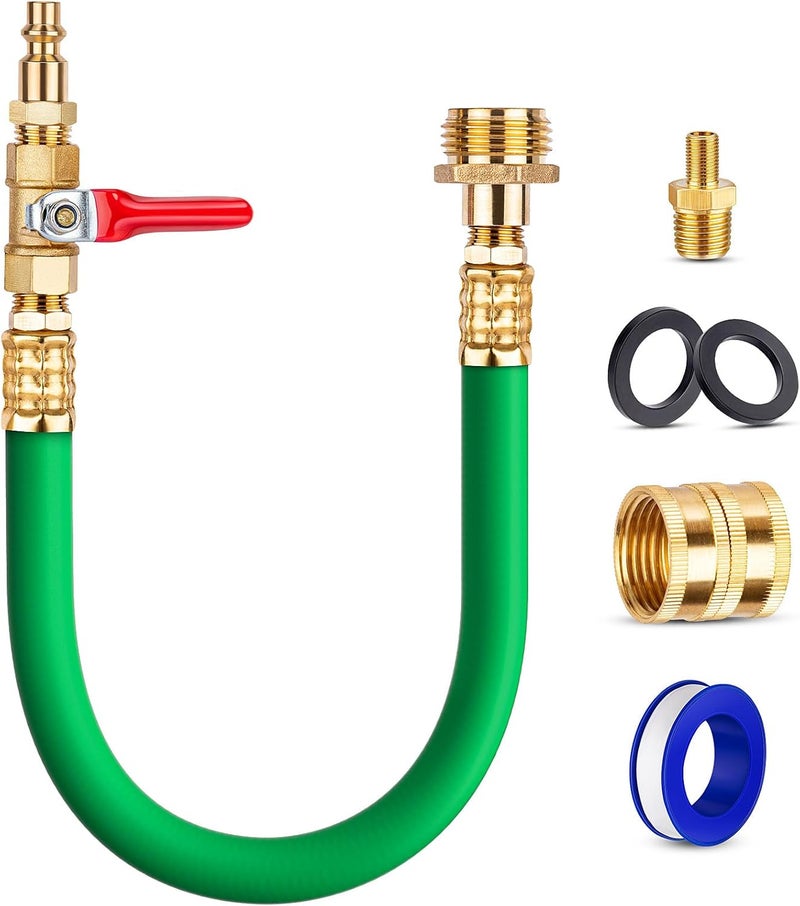 EVOULTES Brass RV Winterizing Kit with Schrader Valve Blow Out Plug, 17 Inch Garden Hose with 3/4" GHT Adaptor & 1/4" NPT Quick Connect Plug, Sprinkler Blowout Adapter for Camper, Travel Trailer - Image 1